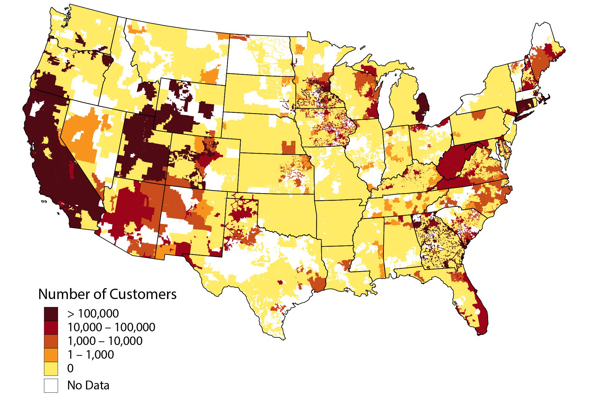 Graph of the electricity customers that can subscribe to tariffs with demand charges over $15/kW. Graph by NREL and CEG.