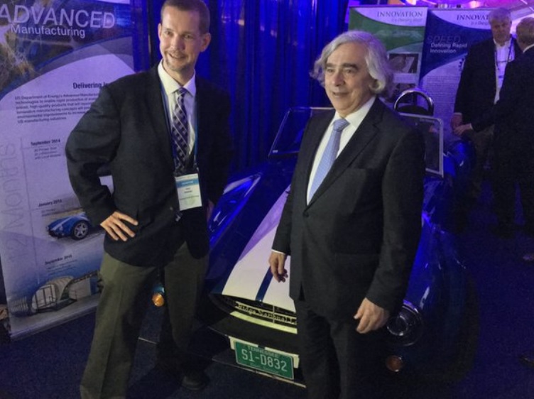 Ernest Moniz and Rob Ivester take a moment to pose with the 3D printed Shelby Cobra at CEM7.