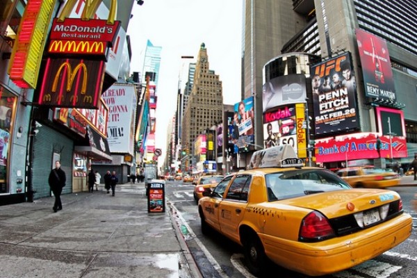 Street scene with taxi